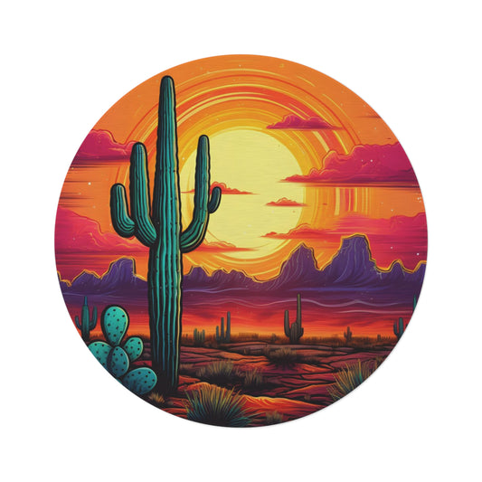Southwest Sunset Round Rug — Vibrant Cactus Desert Scene