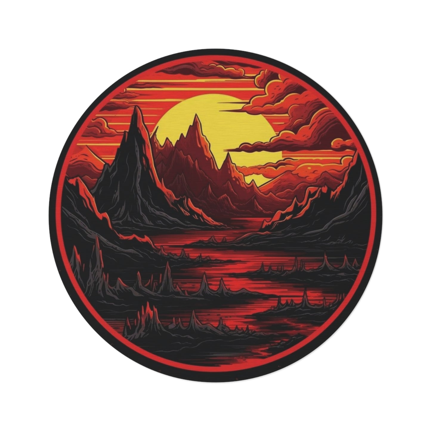 Red Sunset Mountain Round Rug — Bold Lunar Landscape Area Rug