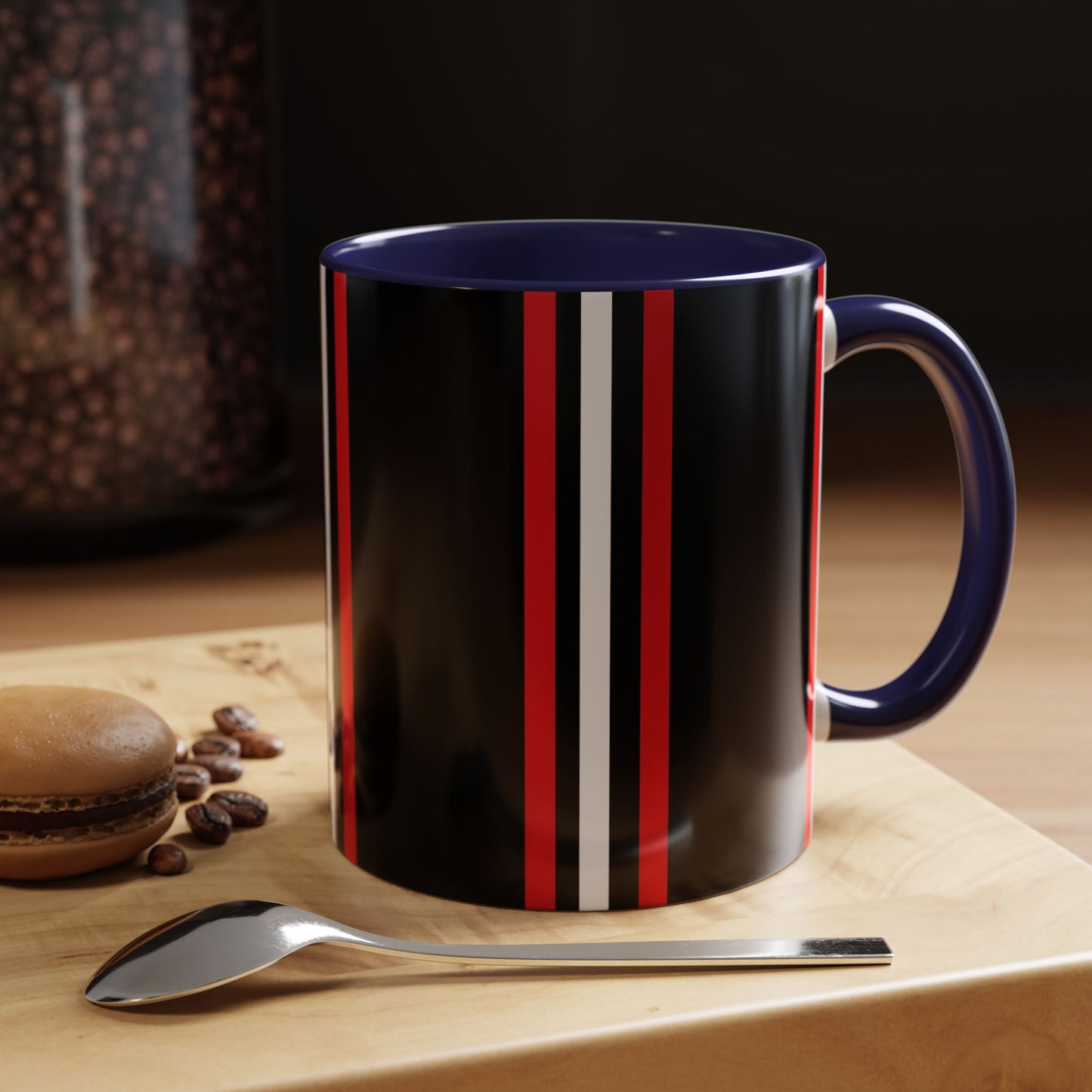 Black Accent Coffee Mug with Red & White Racing Stripes — 11/15oz