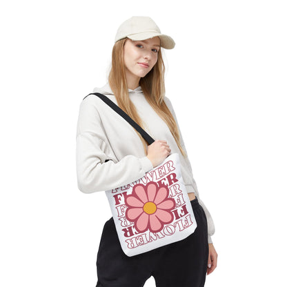 Retro Pink Flower Tote Bag – 'FLOWER' Graphic AOP Market Tote