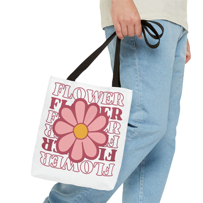 Retro Pink Flower Tote Bag – 'FLOWER' Graphic AOP Market Tote