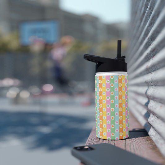 Daisy Stripe Stainless Steel Water Bottle — Pastel Floral Insulated Bottle