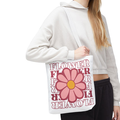 Retro Pink Flower Tote Bag – 'FLOWER' Graphic AOP Market Tote