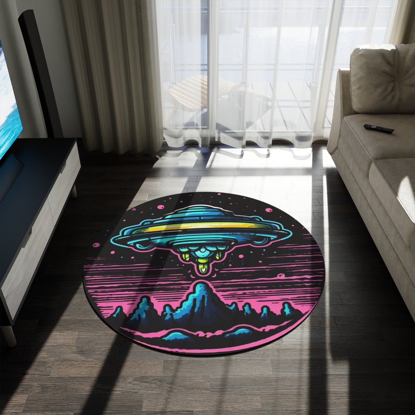 Alien UFO Round Rug — Retro Neon Space Landing Area Rug