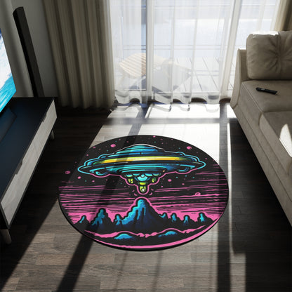 Alien UFO Round Rug — Retro Neon Space Landing Area Rug
