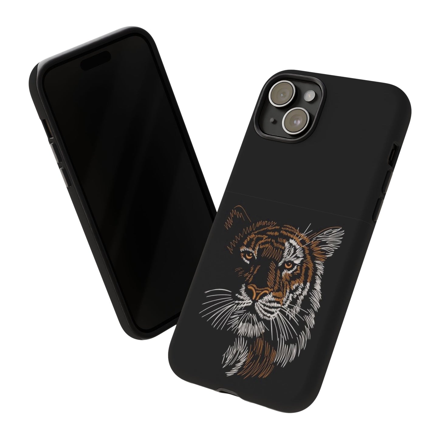 Tiger Face Phone Case — Protective Black Tough Case with Embroidered-Style Tiger Design