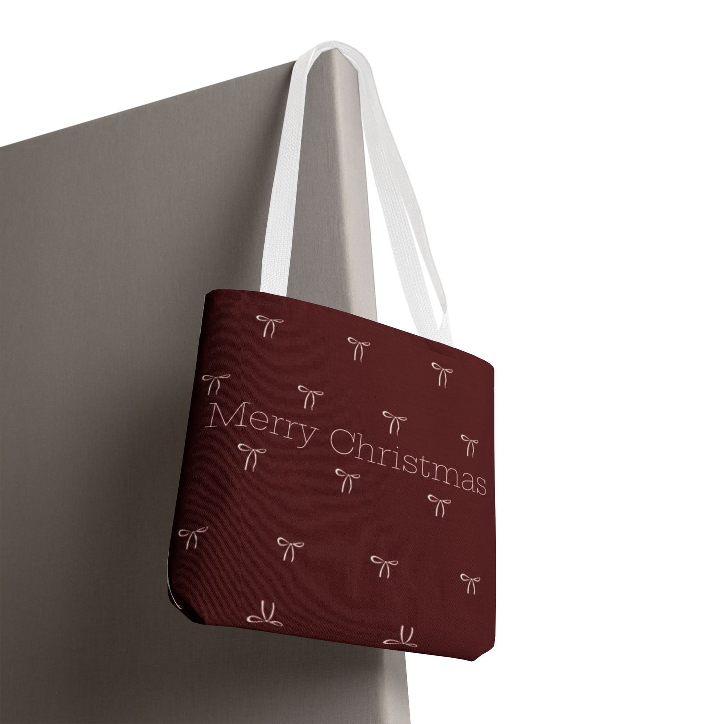 Christmas Tote Bag — Burgundy 'Merry Christmas' Bow Pattern Holiday Gift Tote