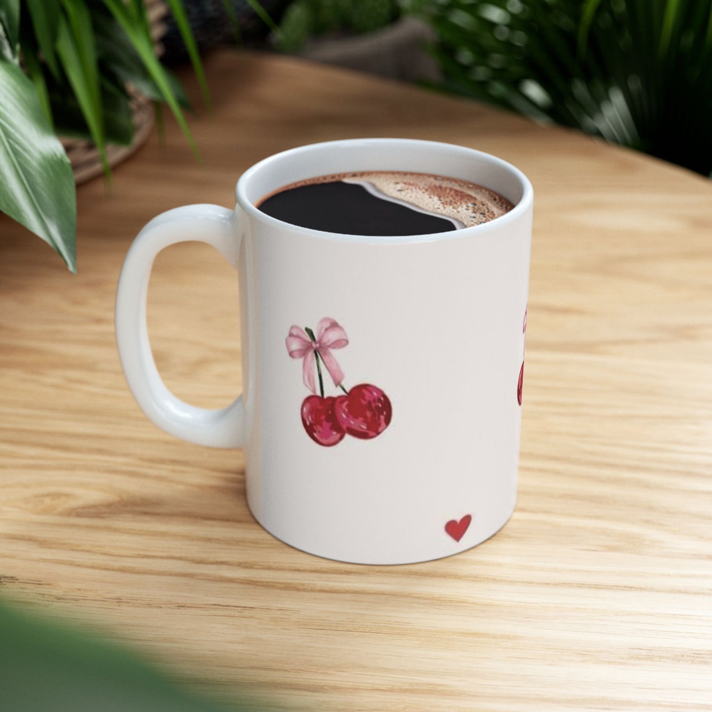 Cherry Pattern Ceramic Mug — Cute Watercolor Cherries with Bows (11oz & 15oz)