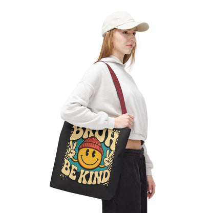 Bruh Be Kind Smiley Tote Bag — Retro Peace Sign Canvas Shopper
