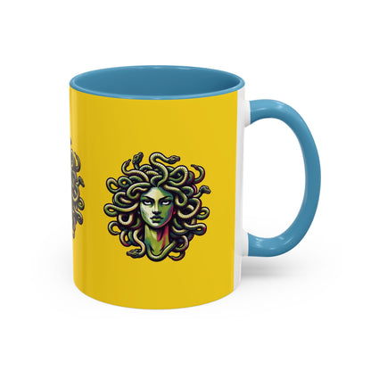 Medusa Accent Coffee Mug — Mythical Snake-Head Design, Yellow & Black Accent (11/15oz)