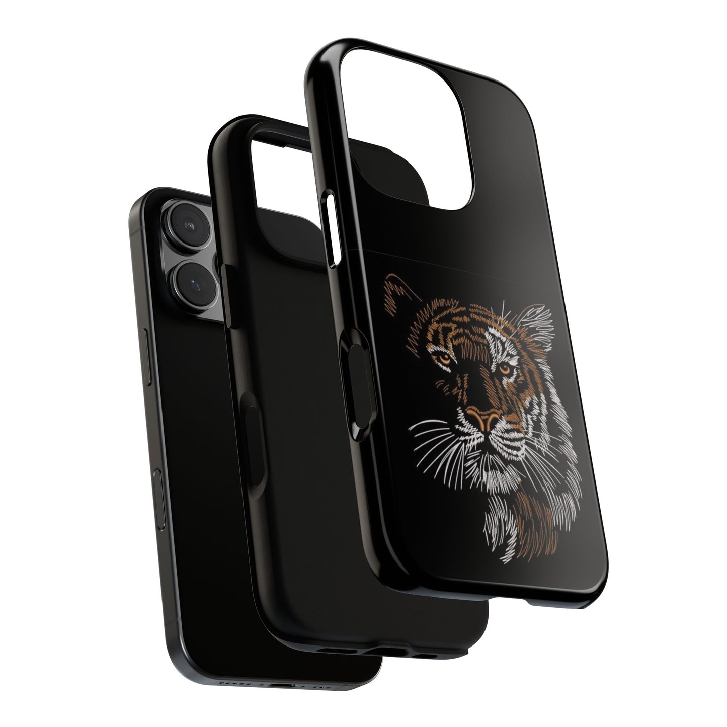 Tiger Face Phone Case — Protective Black Tough Case with Embroidered-Style Tiger Design