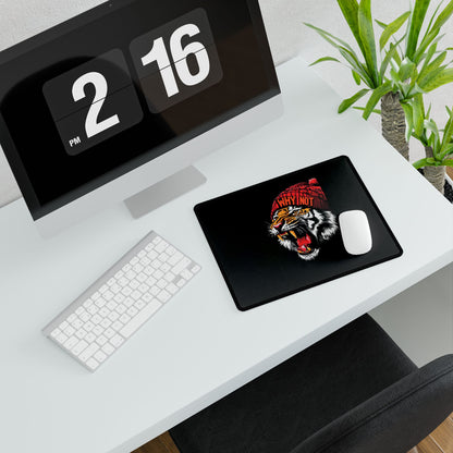 Tiger Head Desk Mat — Bold Roaring Tiger with 'Why Not' Beanie, Large Gaming/Office Mouse Pad