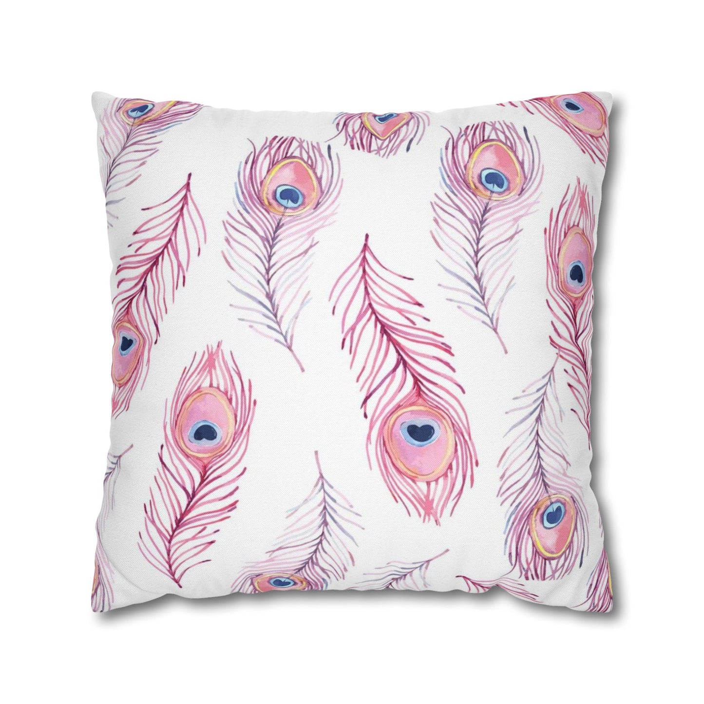 Pink Watercolor Peacock Feather Pillowcase — Decorative Square Throw Pillow Cover