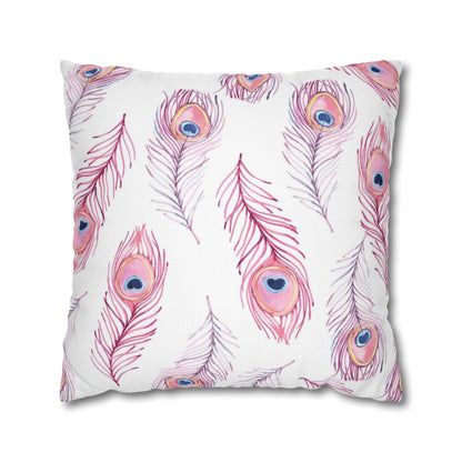 Pink Watercolor Peacock Feather Pillowcase — Decorative Square Throw Pillow Cover