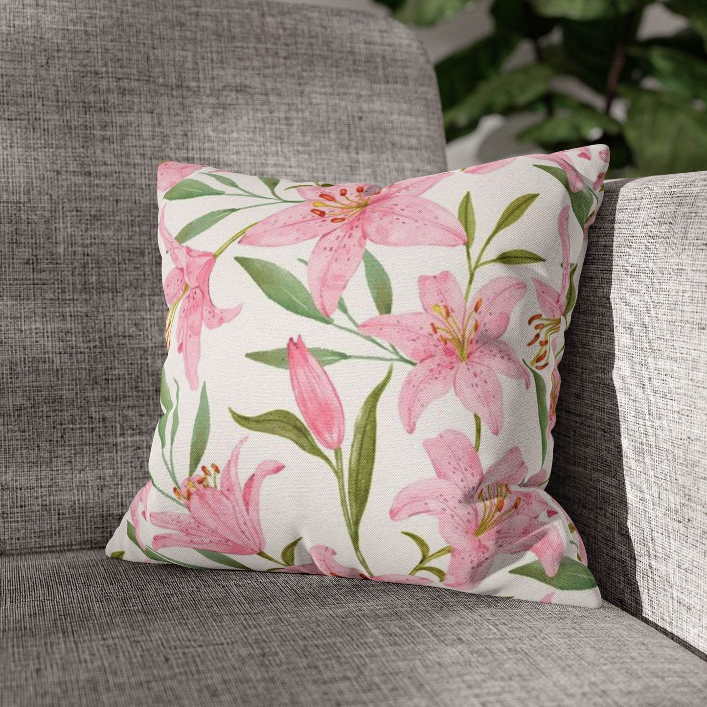 Floral Lily Pillowcase — Pink Watercolor Botanical Square Pillow Cover