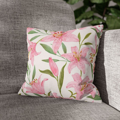 Floral Lily Pillowcase — Pink Watercolor Botanical Square Pillow Cover