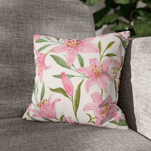 Floral Lily Pillowcase — Pink Watercolor Botanical Square Pillow Cover