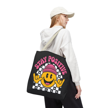 Stay Positive Smiley Tote Bag — Retro Checkerboard Inspirational Canvas Tote