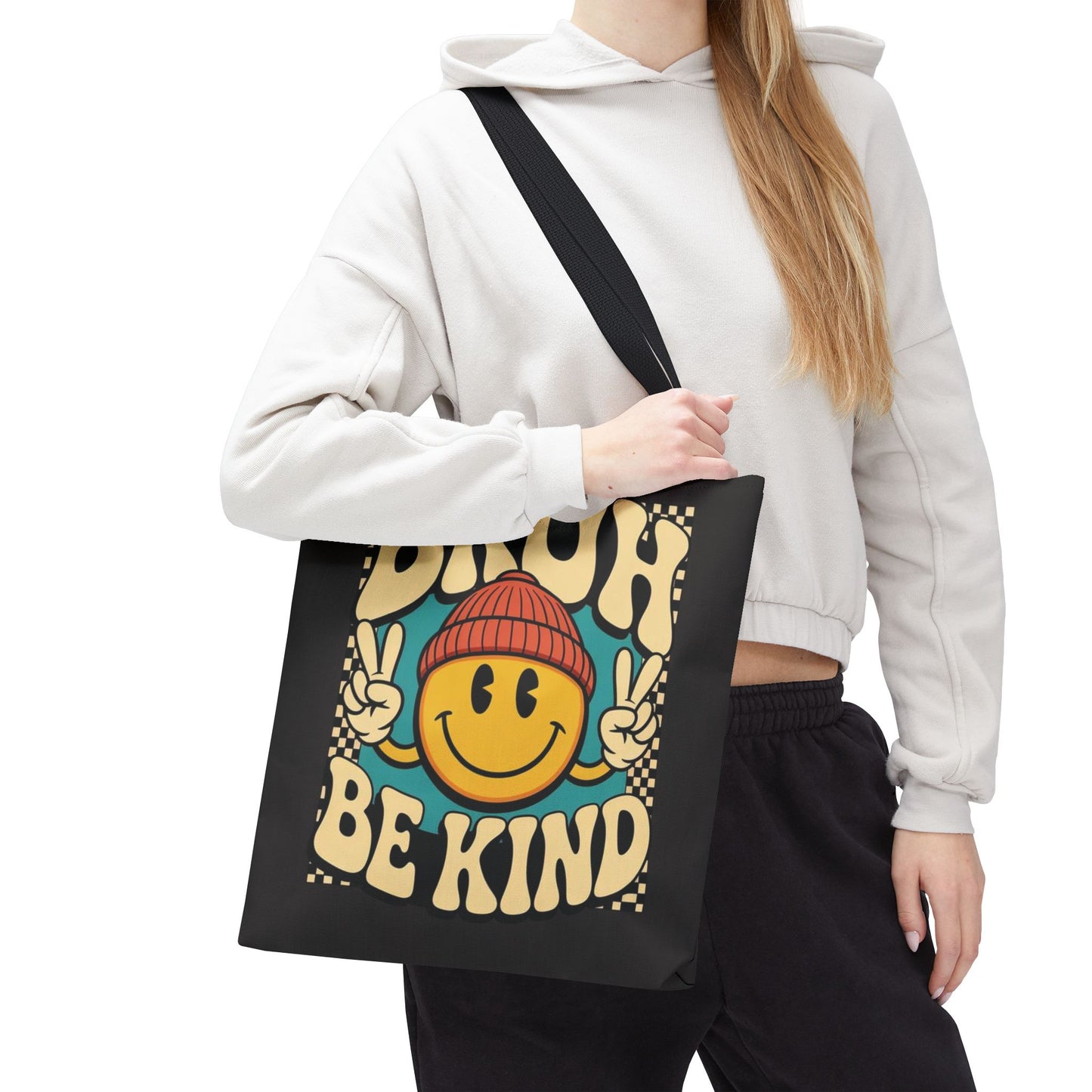 Bruh Be Kind Smiley Tote Bag — Retro Peace Sign Canvas Shopper