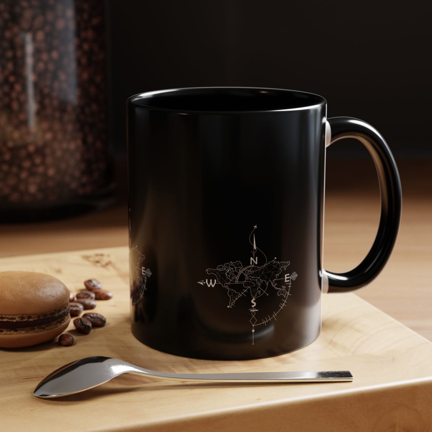 Compass World Map Coffee Mug — Black Accent Travel Mug for Explorers