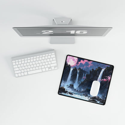 Cherry Blossom Waterfall Desk Mat — Scenic Anime Landscape Gaming/Work Desk Pad