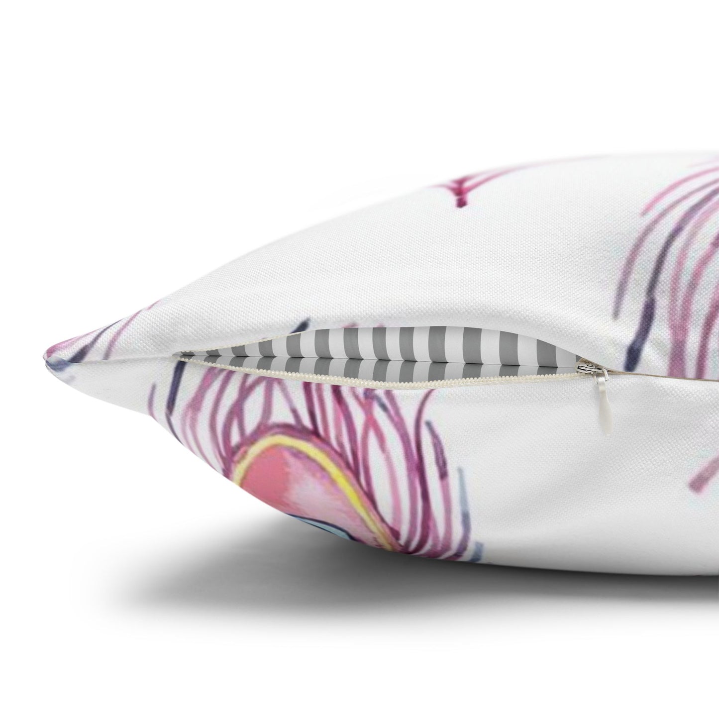 Pink Watercolor Peacock Feather Pillowcase — Decorative Square Throw Pillow Cover