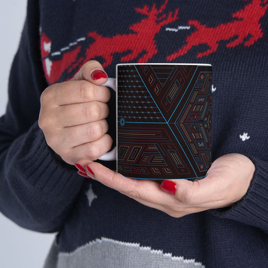 Geometric Tech Mandala Ceramic Mug — Dark Neon Hex Pattern (11oz, 15oz)