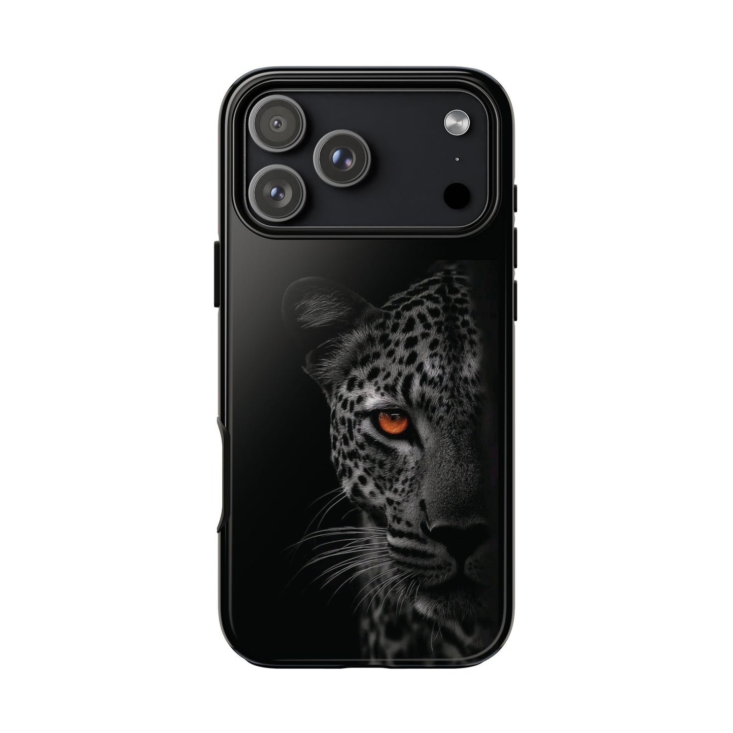 Leopard Gaze Phone Case — Black Protective iPhone Cover with Orange Eye