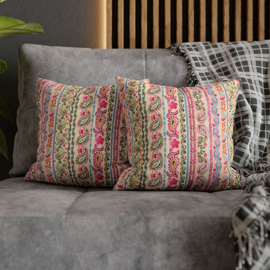 Boho Paisley Striped Throw Pillowcase — Pink Floral Square Cushion Cover