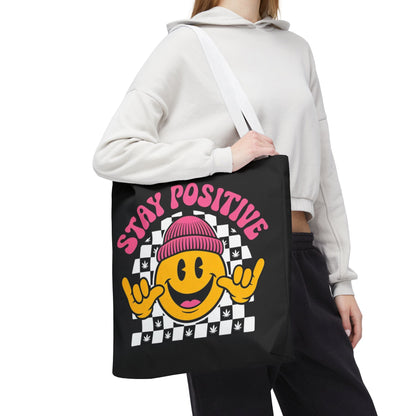 Stay Positive Smiley Tote Bag — Retro Checkerboard Inspirational Canvas Tote
