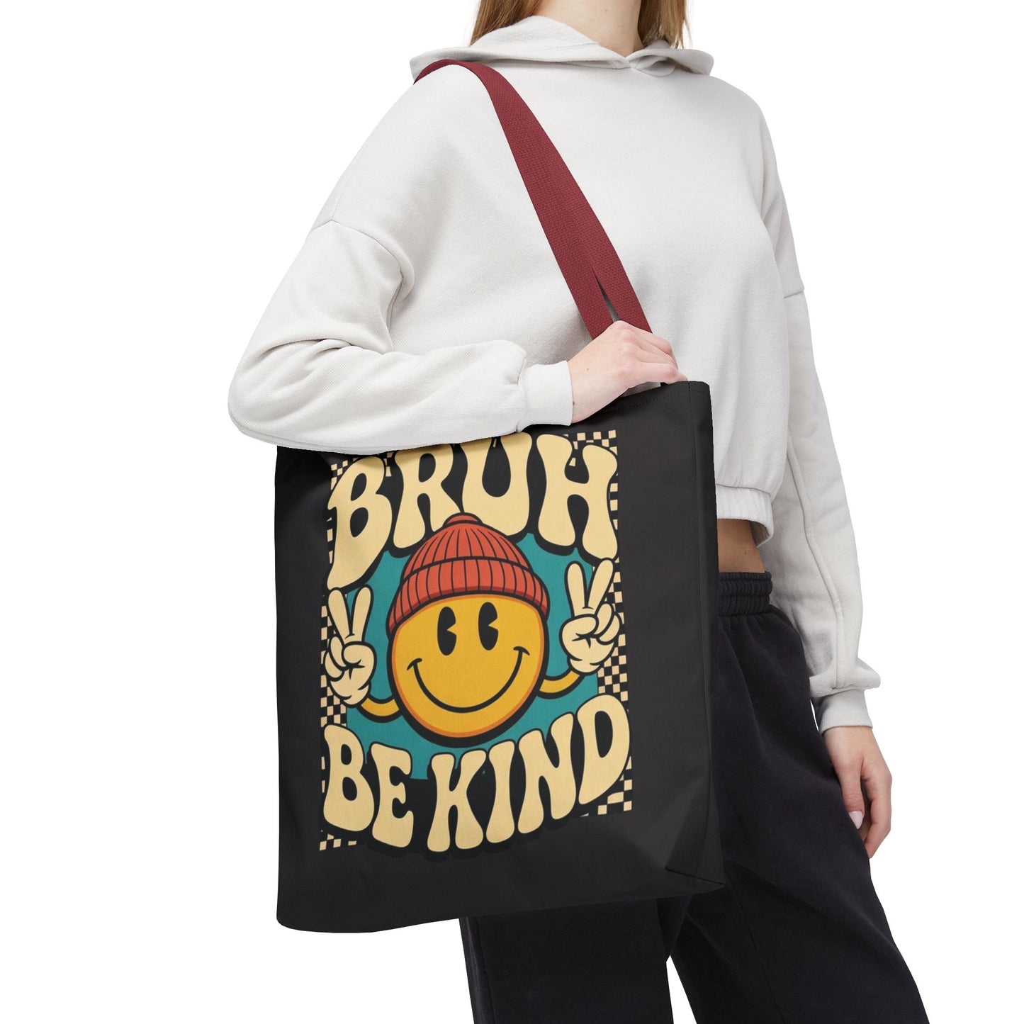 Bruh Be Kind Smiley Tote Bag — Retro Peace Sign Canvas Shopper