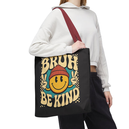 Bruh Be Kind Smiley Tote Bag — Retro Peace Sign Canvas Shopper