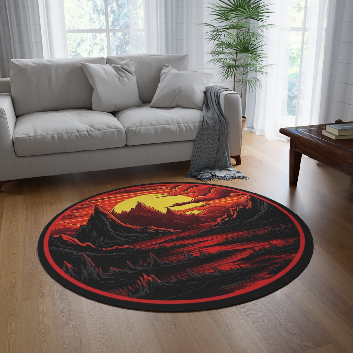 Red Sunset Mountain Round Rug — Bold Lunar Landscape Area Rug