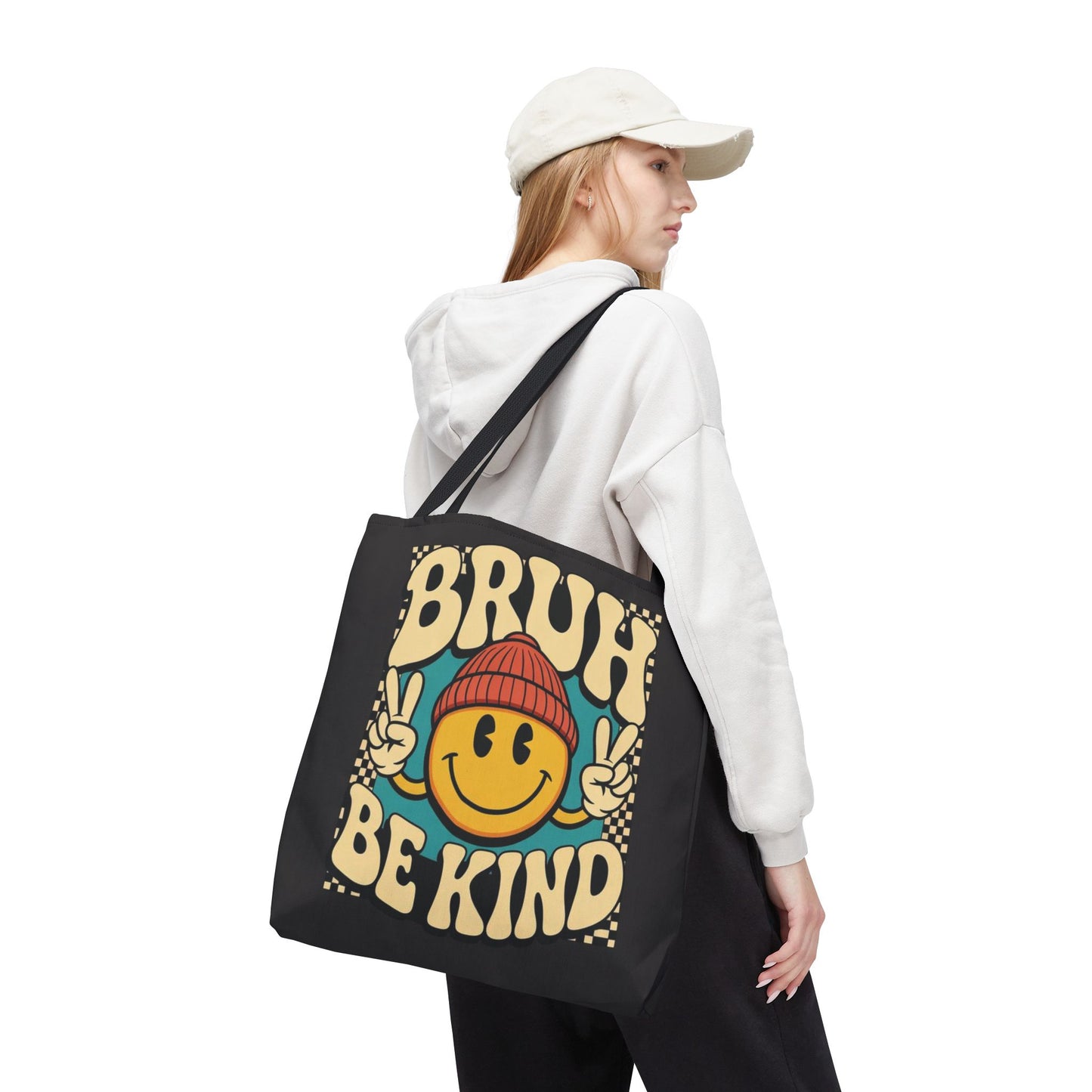 Bruh Be Kind Smiley Tote Bag — Retro Peace Sign Canvas Shopper