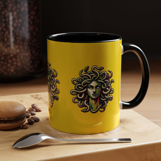 Medusa Accent Coffee Mug — Mythical Snake-Head Design, Yellow & Black Accent (11/15oz)