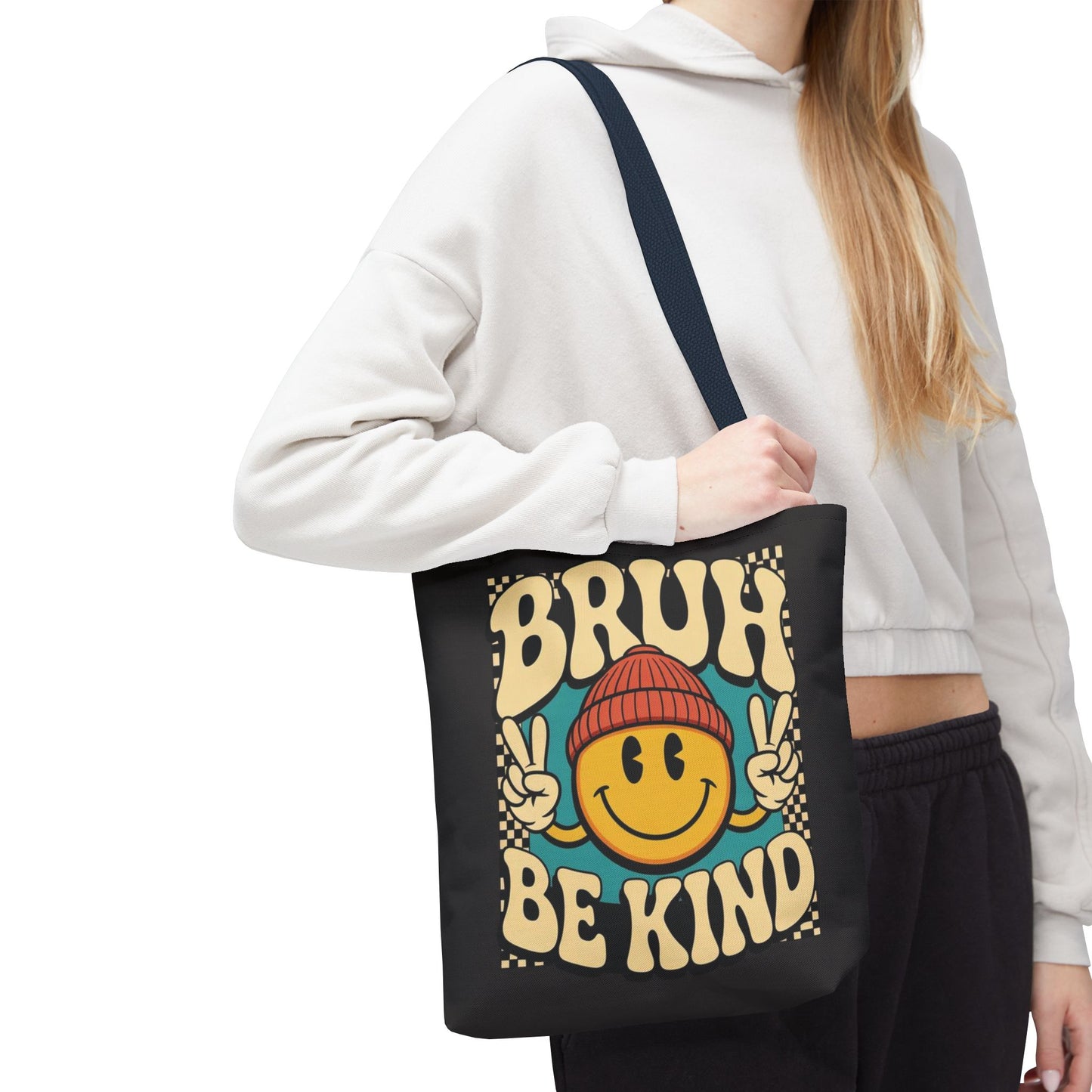 Bruh Be Kind Smiley Tote Bag — Retro Peace Sign Canvas Shopper