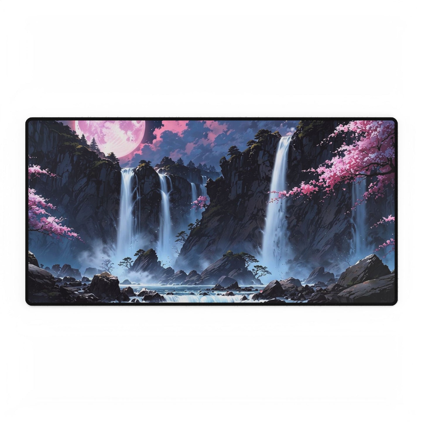 Cherry Blossom Waterfall Desk Mat — Scenic Anime Landscape Gaming/Work Desk Pad