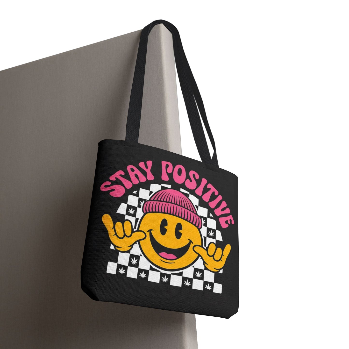Stay Positive Smiley Tote Bag — Retro Checkerboard Inspirational Canvas Tote