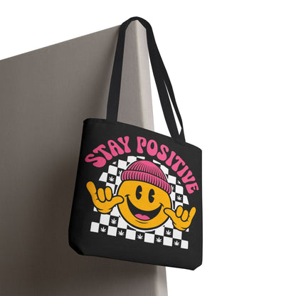 Stay Positive Smiley Tote Bag — Retro Checkerboard Inspirational Canvas Tote