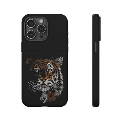 Tiger Face Phone Case — Protective Black Tough Case with Embroidered-Style Tiger Design