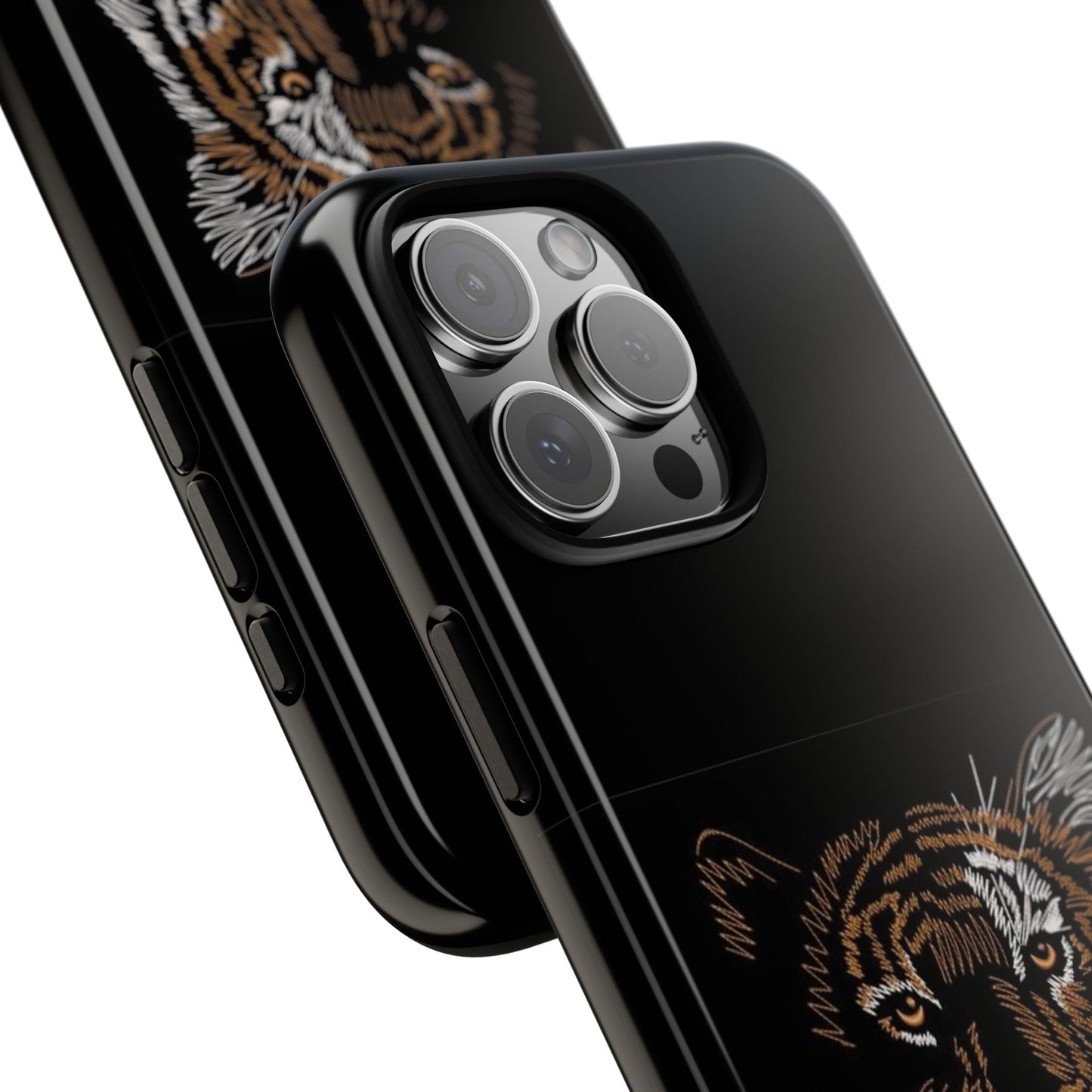 Tiger Face Phone Case — Protective Black Tough Case with Embroidered-Style Tiger Design