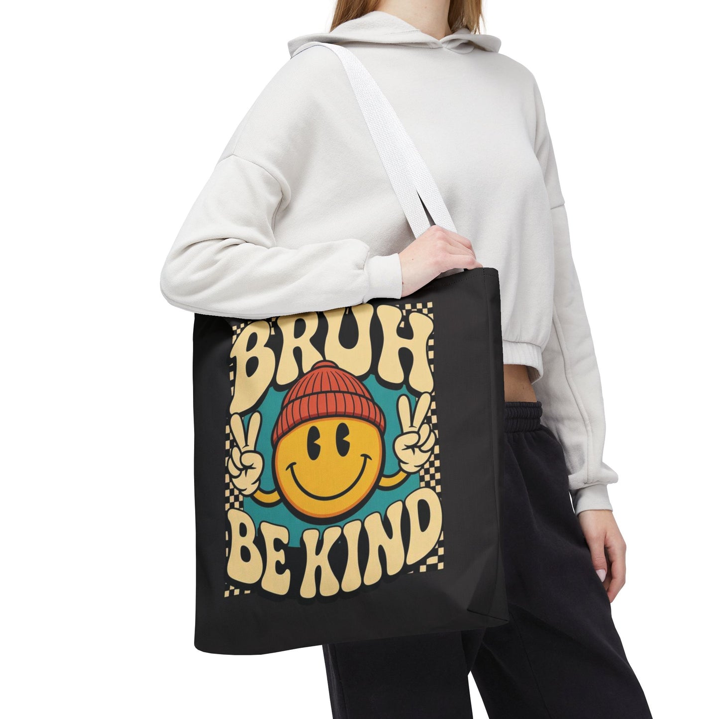Bruh Be Kind Smiley Tote Bag — Retro Peace Sign Canvas Shopper
