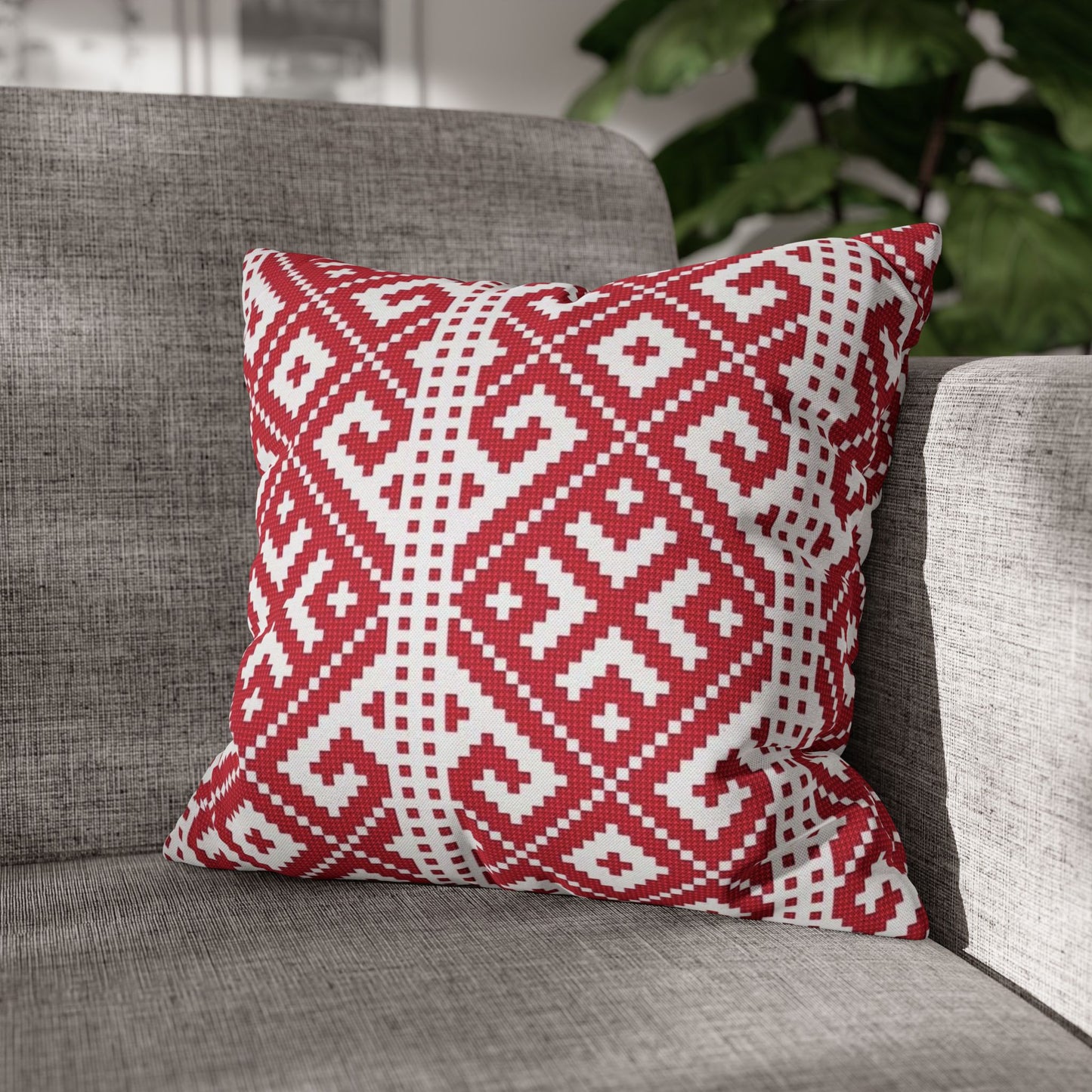 Red Nordic Geometric Pillowcase – Scandinavian Knit Pattern Square Pillow Cover