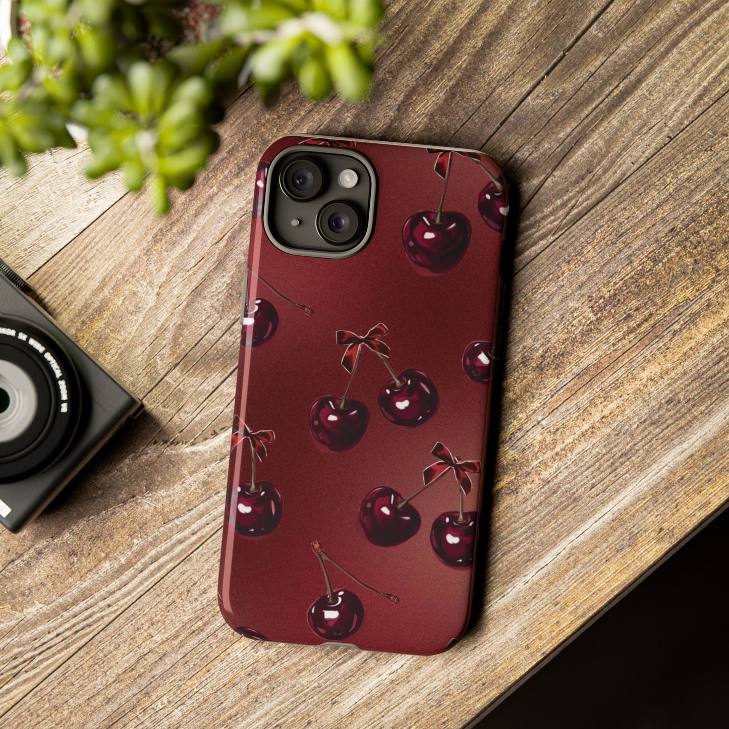 Cherry Pattern Phone Case — Retro Dark Red Cherry iPhone Cover