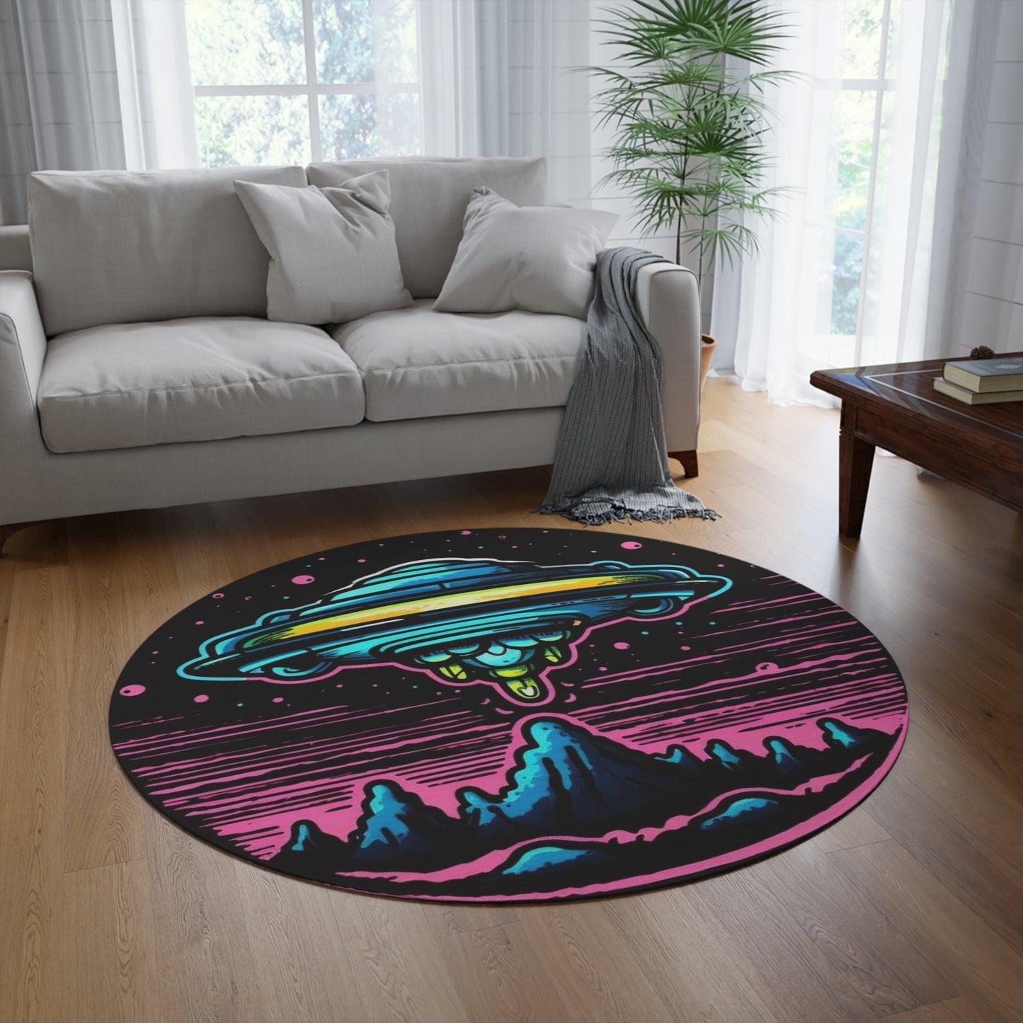 Alien UFO Round Rug — Retro Neon Space Landing Area Rug