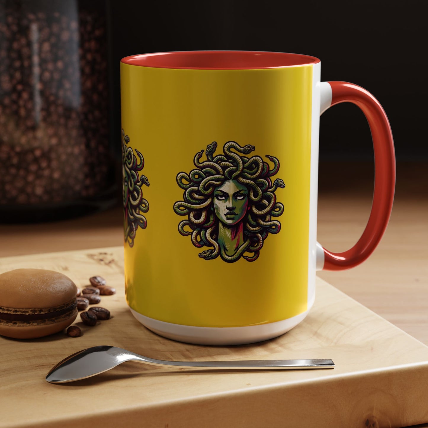 Medusa Accent Coffee Mug — Mythical Snake-Head Design, Yellow & Black Accent (11/15oz)