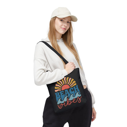 Beach Vibes Tote Bag — Retro Sunset Surf Waves Beach Tote