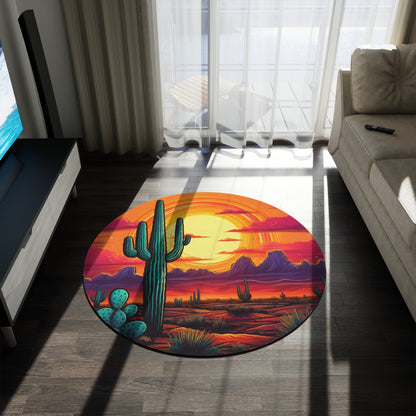 Southwest Sunset Round Rug — Vibrant Cactus Desert Scene
