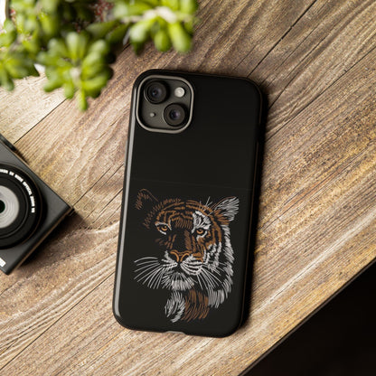 Tiger Face Phone Case — Protective Black Tough Case with Embroidered-Style Tiger Design