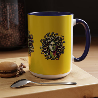 Medusa Accent Coffee Mug — Mythical Snake-Head Design, Yellow & Black Accent (11/15oz)